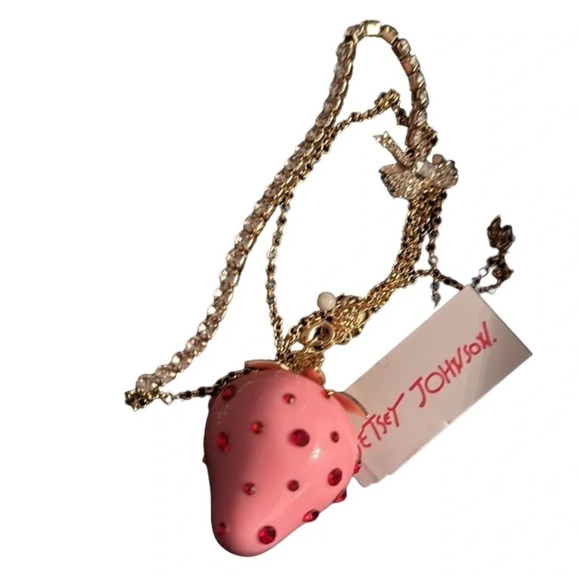 BETSEY JOHNSON SET Enamel & Crystals Pink Strawberry Necklace & Earrings NEW NWT - Picture 9 of 16